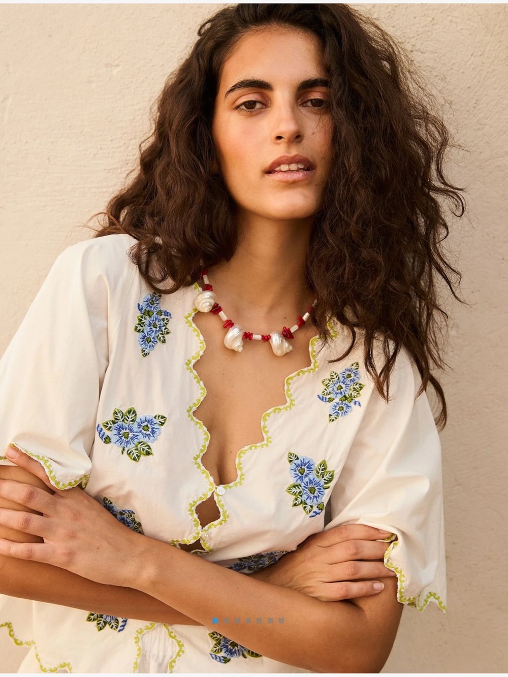 Blueflower Top: Hand-Embroidered White Cotton Blouse with Blue Floral Accents